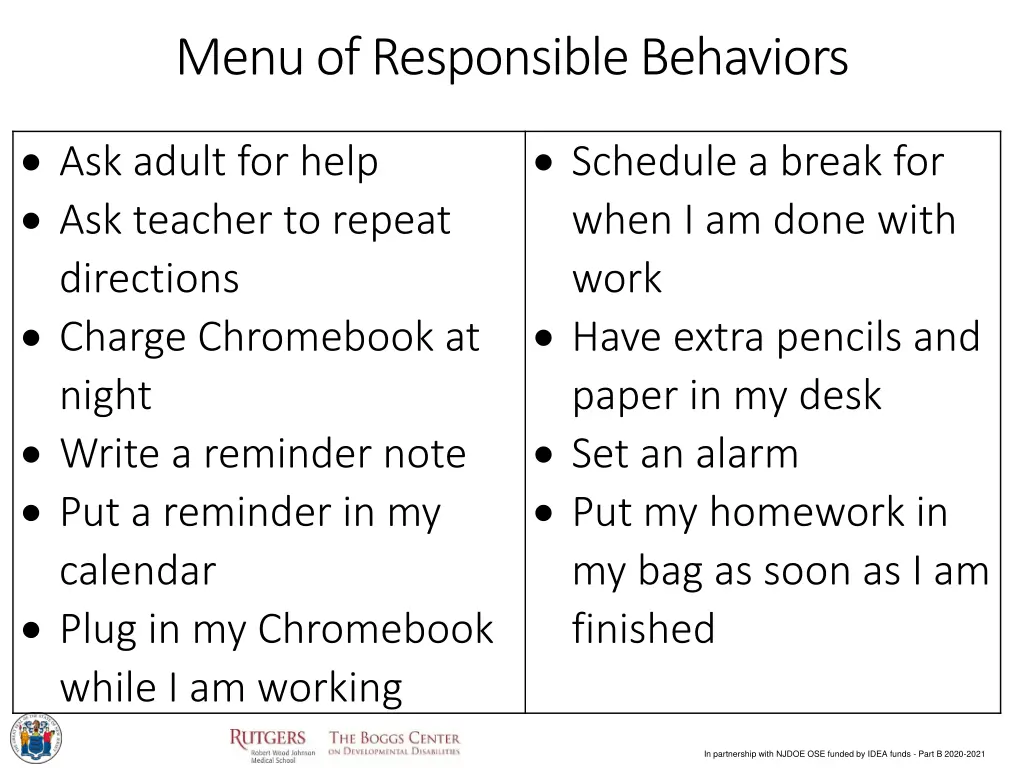 menu of responsible behaviors 1