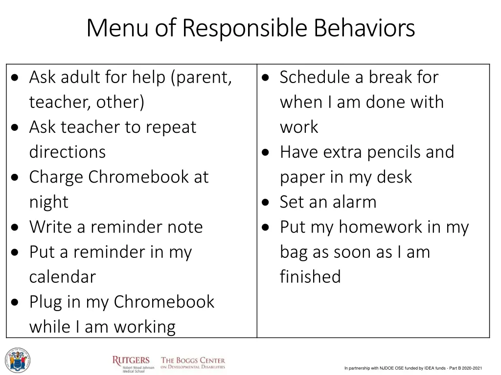 menu of responsible behaviors