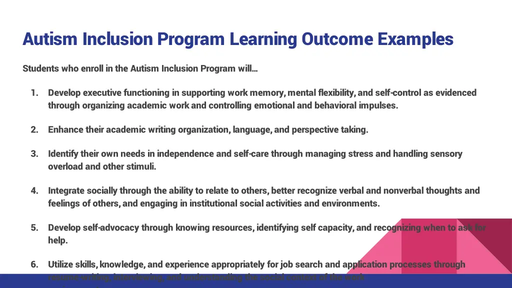 autism inclusion program learning outcome examples