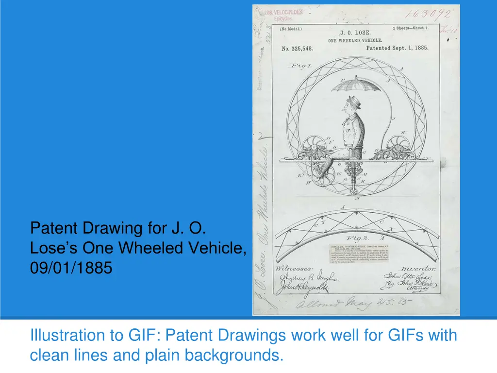 patent drawing for j o lose s one wheeled vehicle