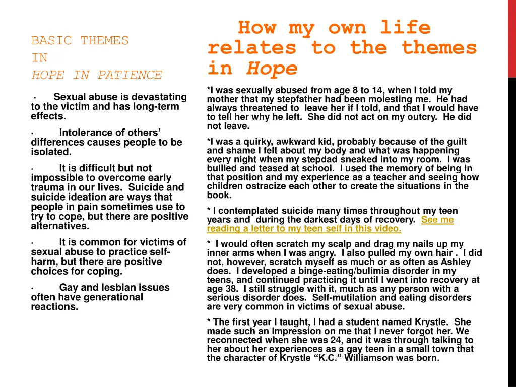 how my own life relates to the themes in hope