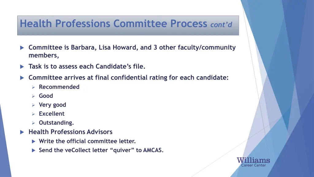 health professions committee process cont d