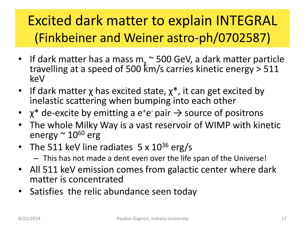 excited dark matter to explain integral