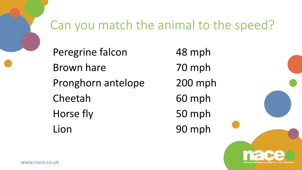 can you match the animal to the speed