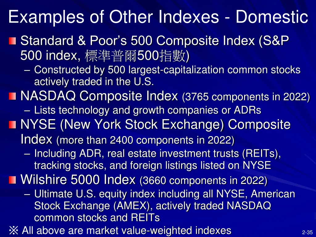 examples of other indexes domestic standard poor