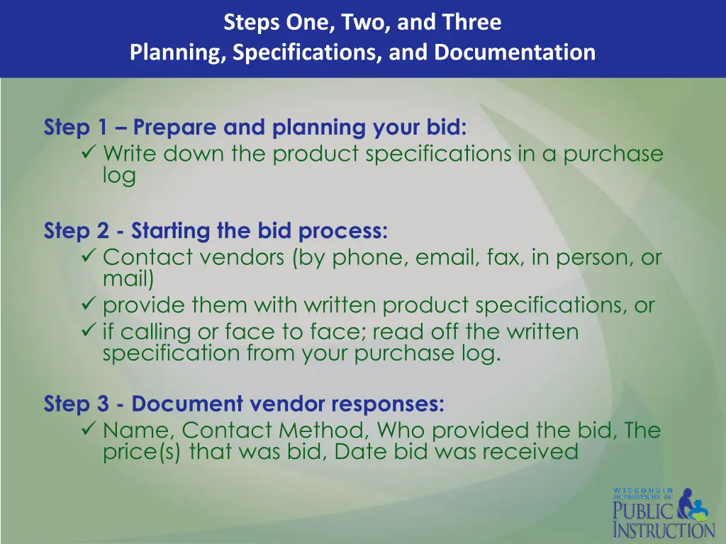 steps one two and three planning specifications