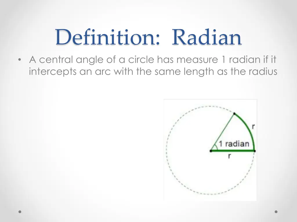 definition radian a central angle of a circle