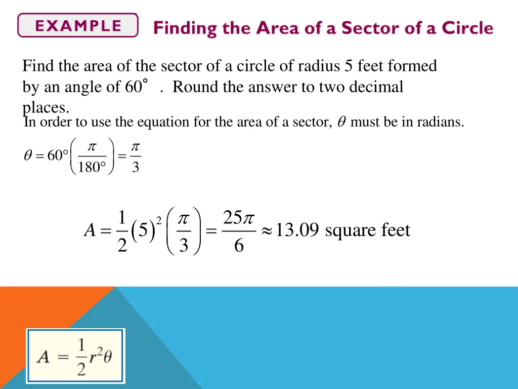 find the area of the sector of a circle of radius