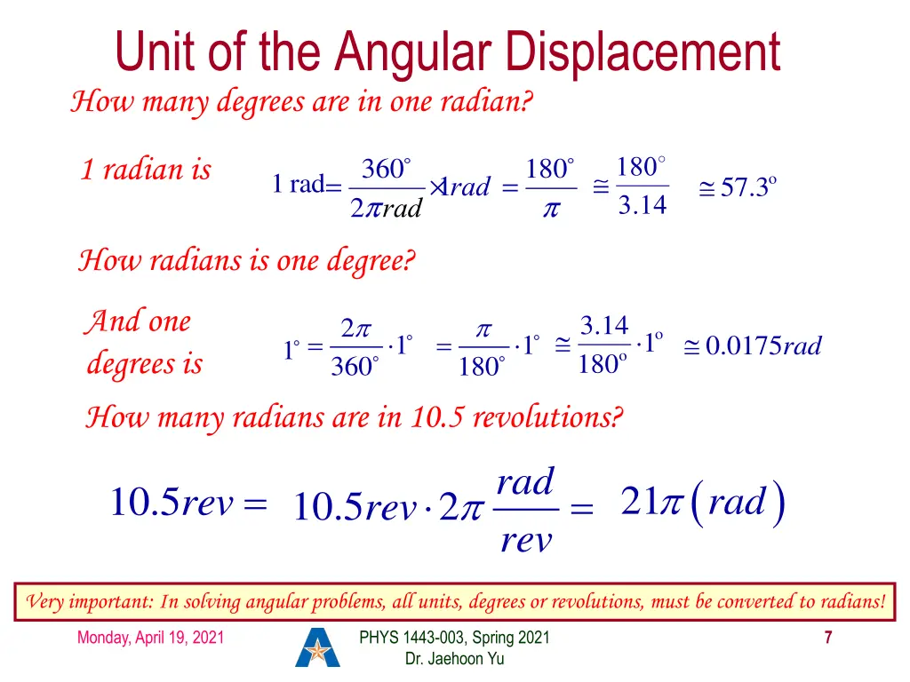 unit of the angular displacement how many degrees