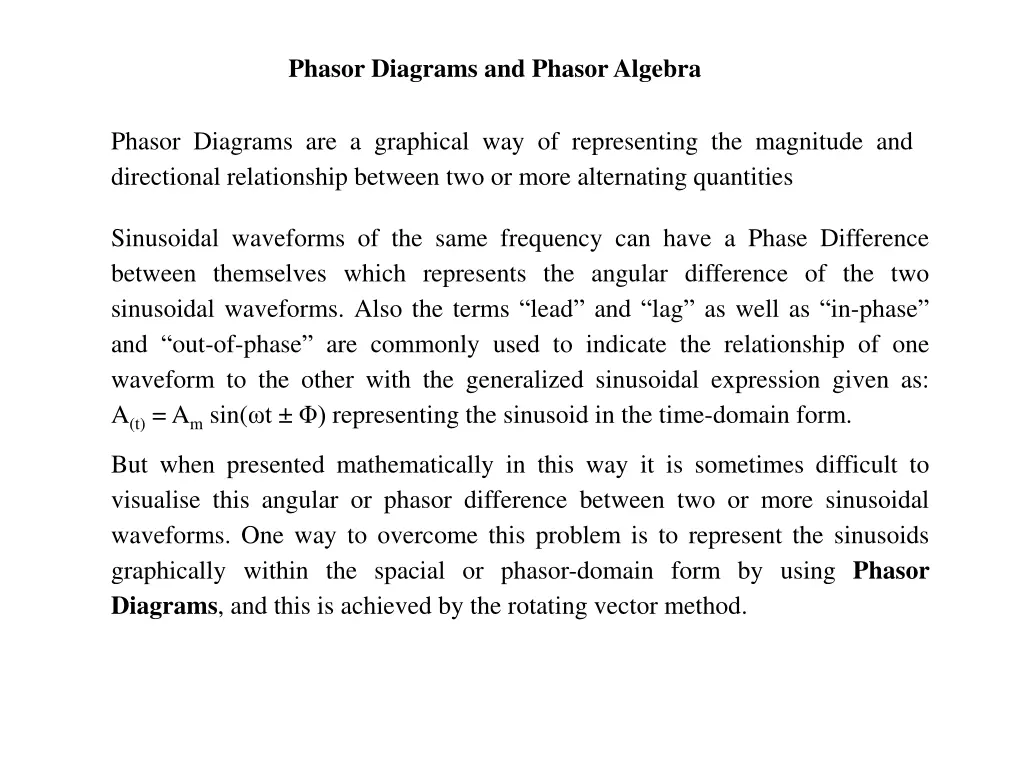 phasor diagrams and phasoralgebra