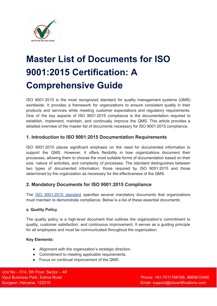 master list of documents for iso 9001 2015