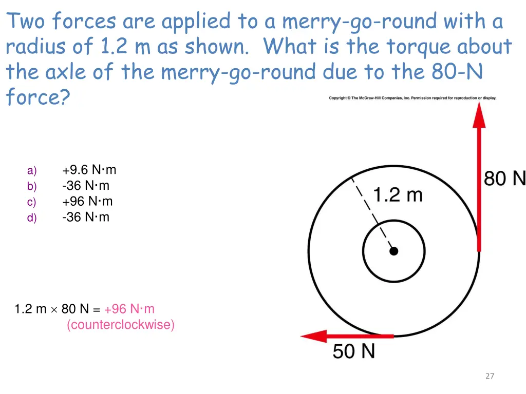 two forces are applied to a merry go round with