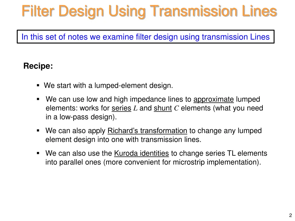 filter design using transmission lines