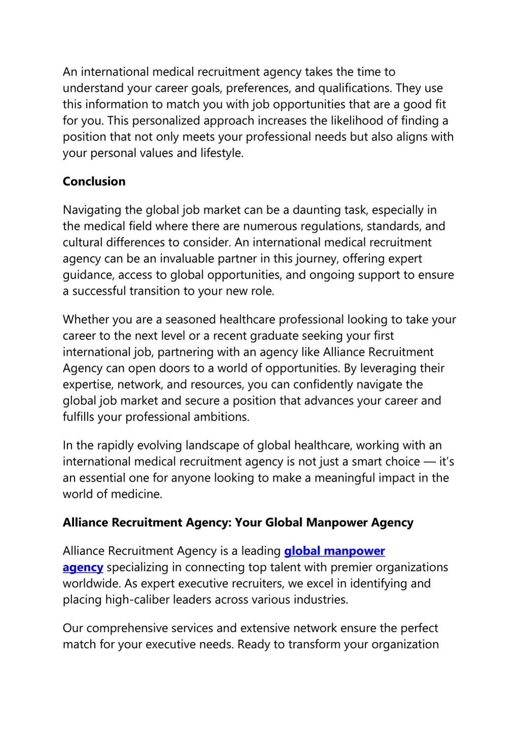 an international medical recruitment agency takes