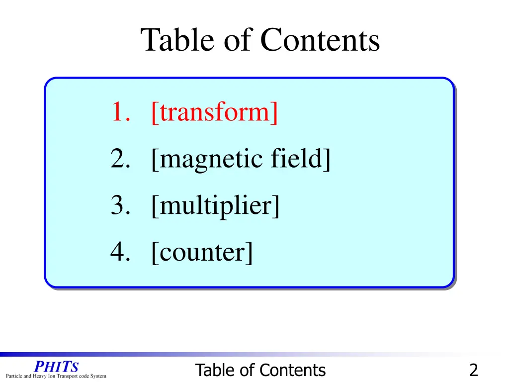 table of contents