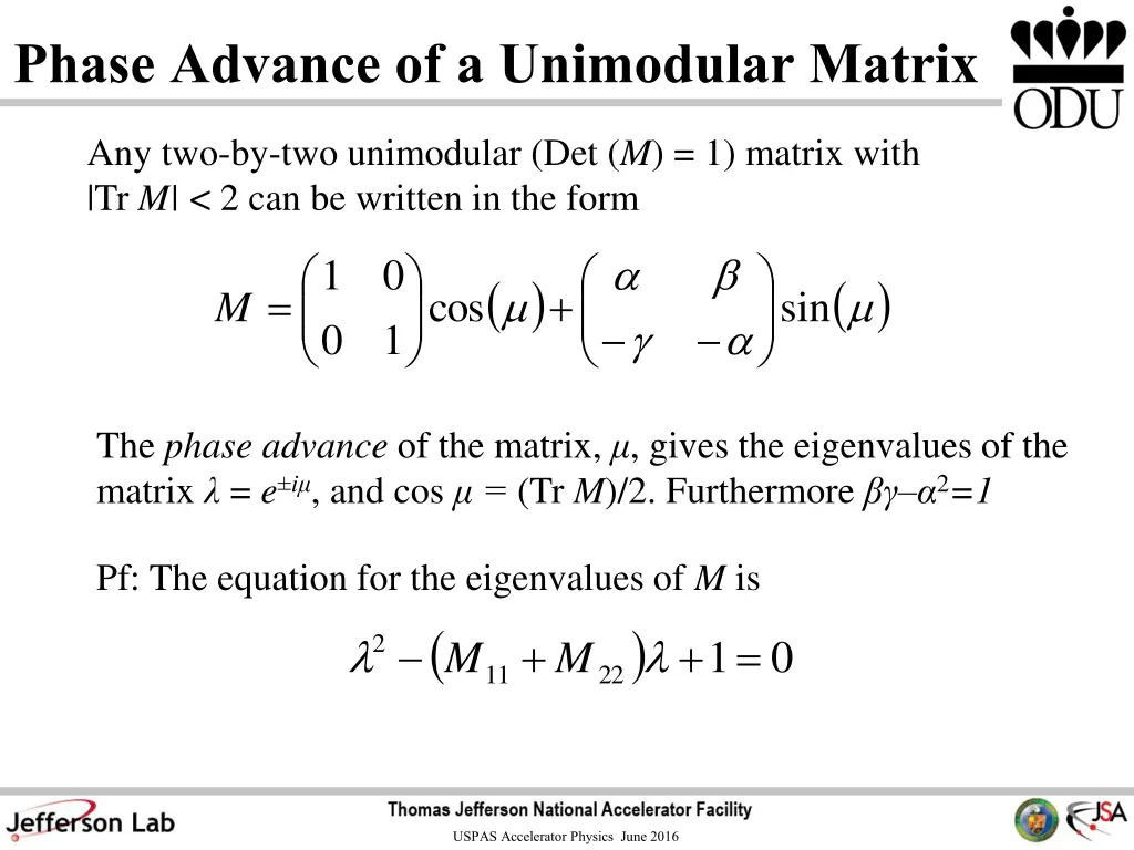 phase advance of a unimodular matrix