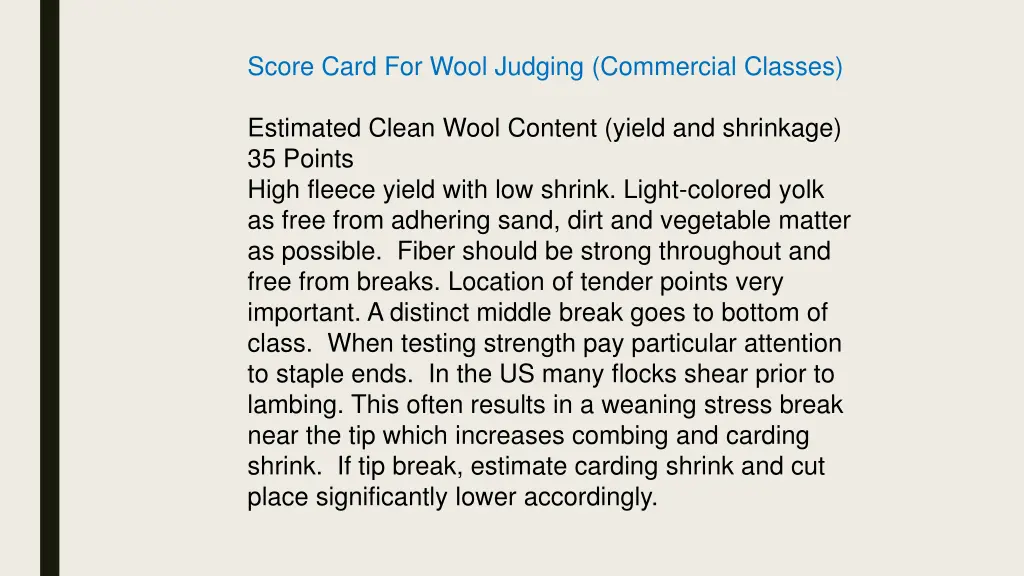 score card for wool judging commercial classes