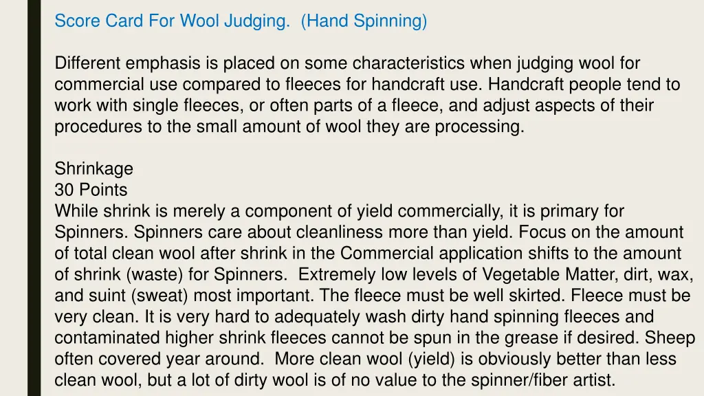 score card for wool judging hand spinning