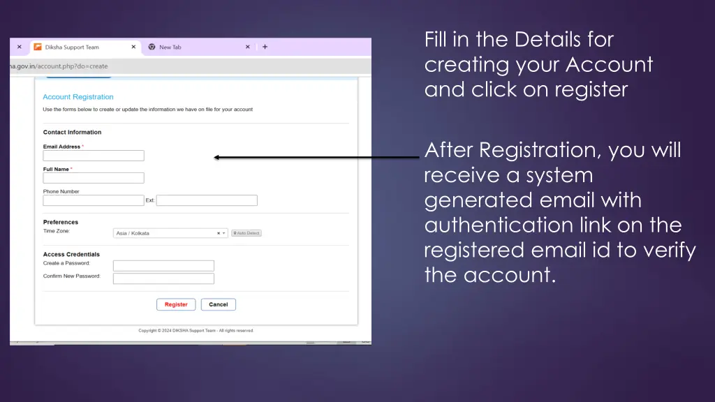 fill in the details for creating your account