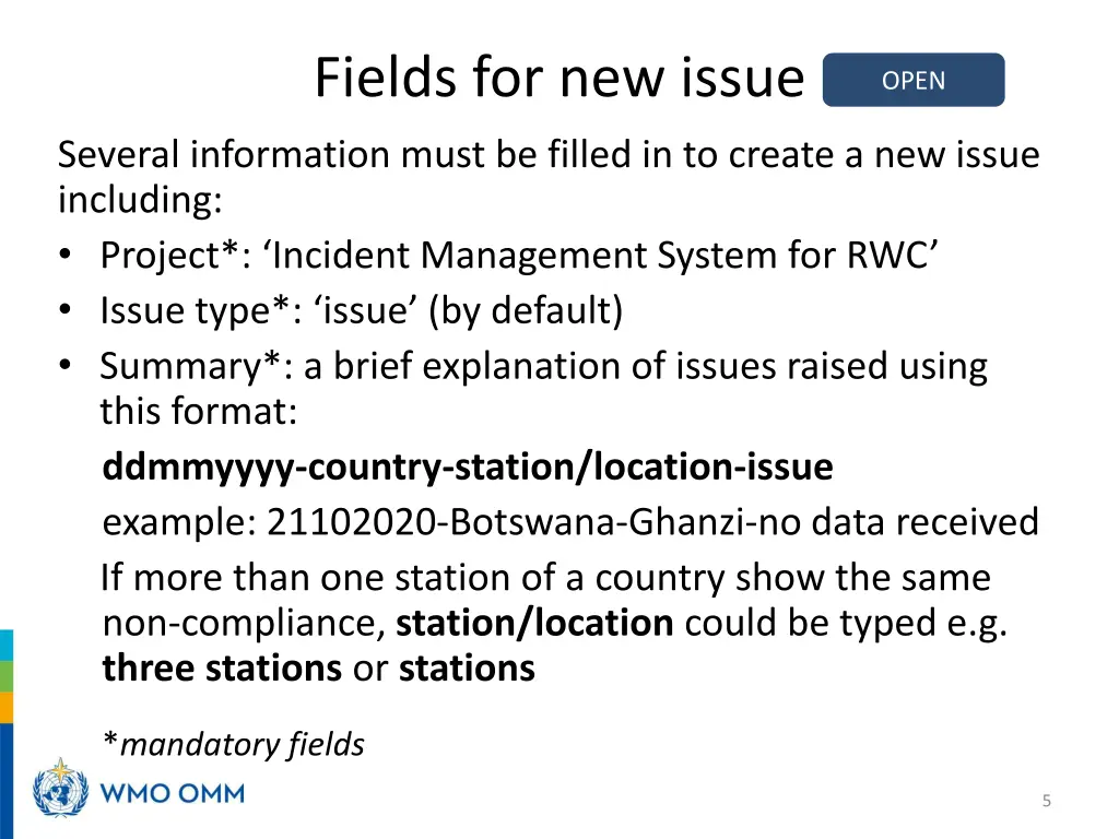 fields for new issue