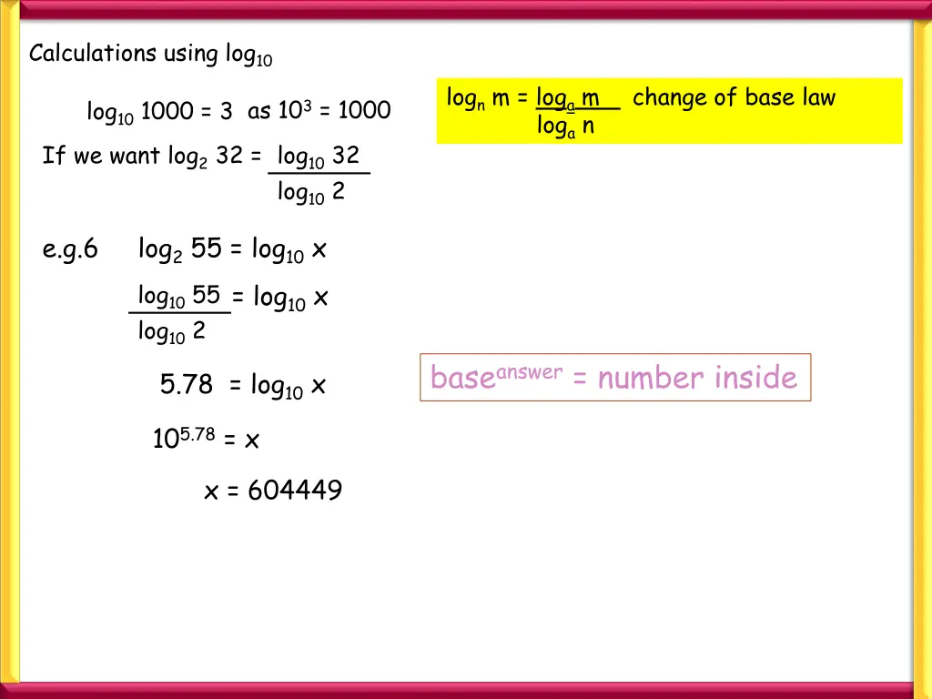 calculations using log 10