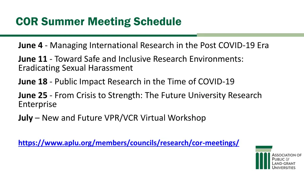 cor summer meeting schedule