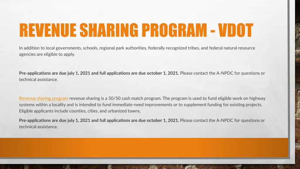 revenue sharing program vdot