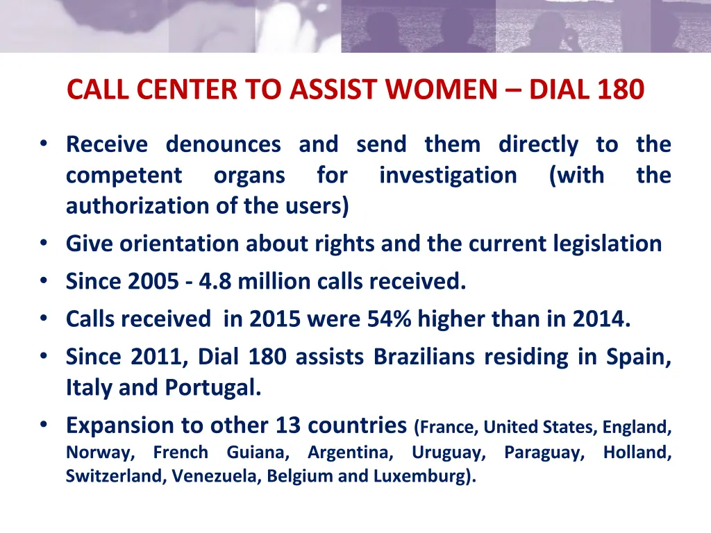 call center to assist women dial 180