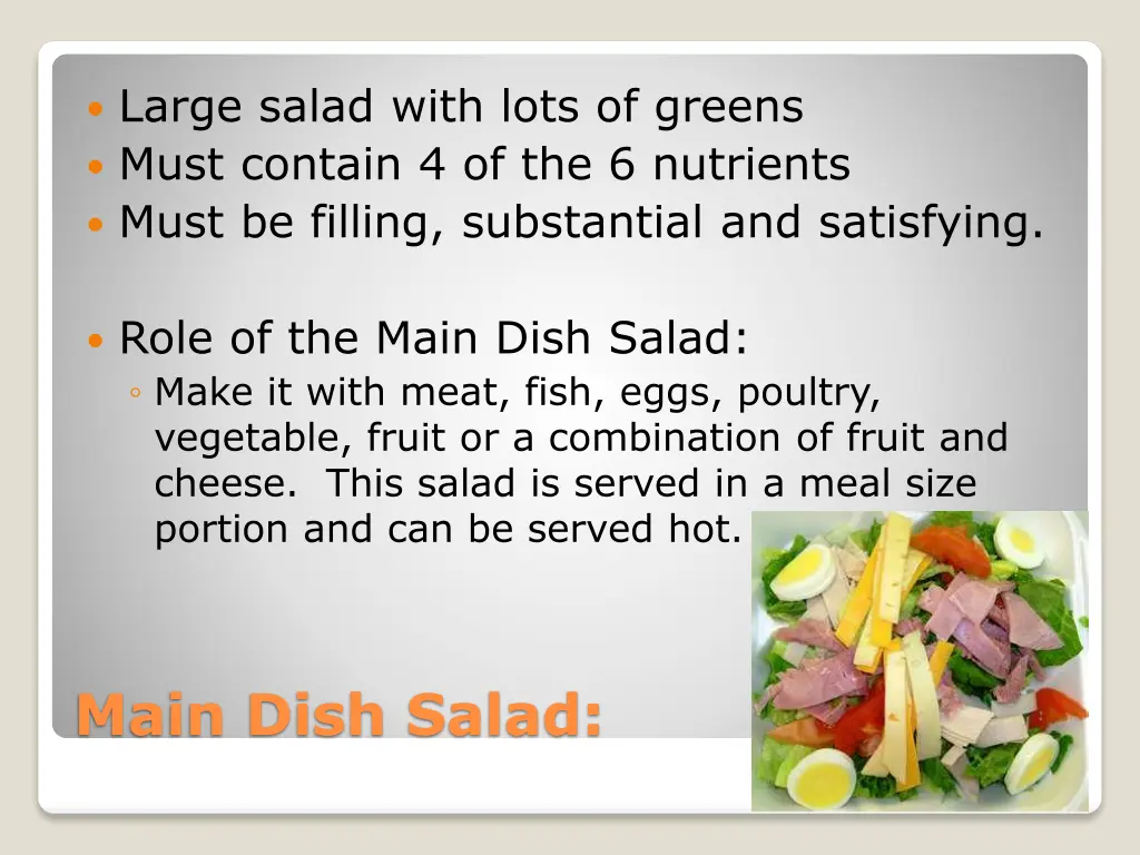 large salad with lots of greens must contain