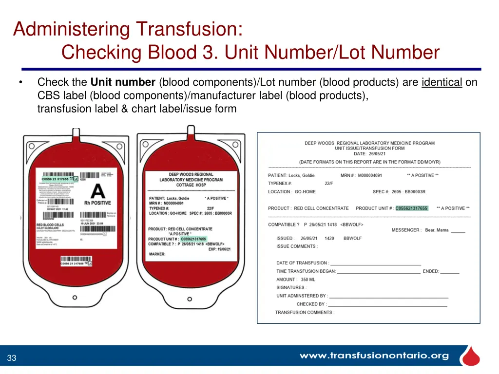 administering transfusion checking blood 3 unit