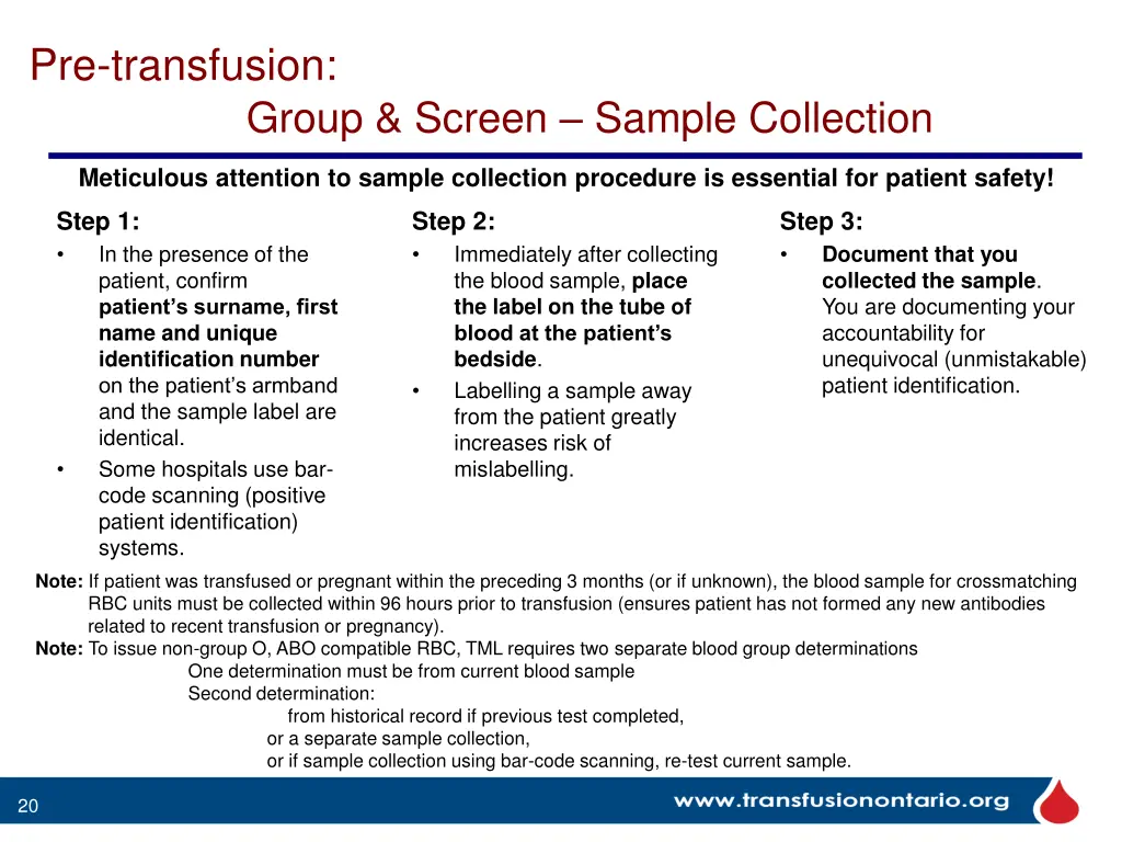 pre transfusion group screen sample collection