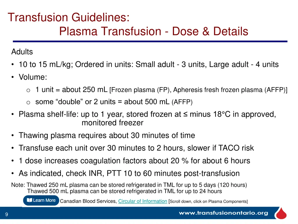 transfusion guidelines plasma transfusion dose