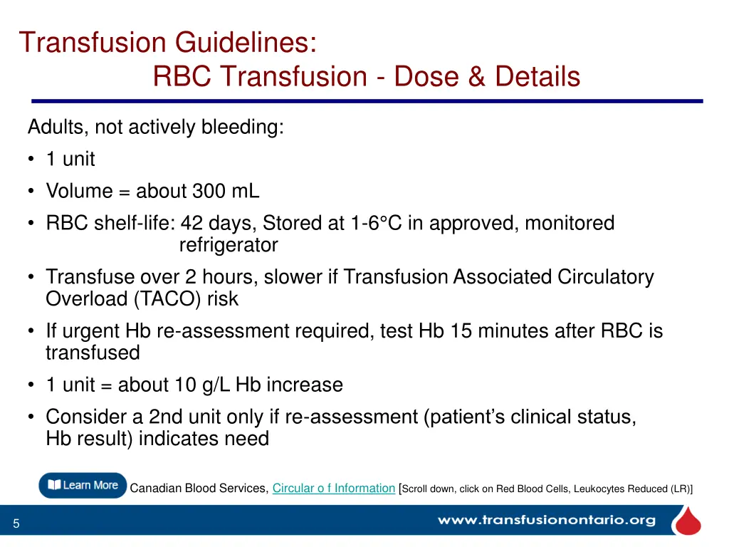 transfusion guidelines rbc transfusion dose