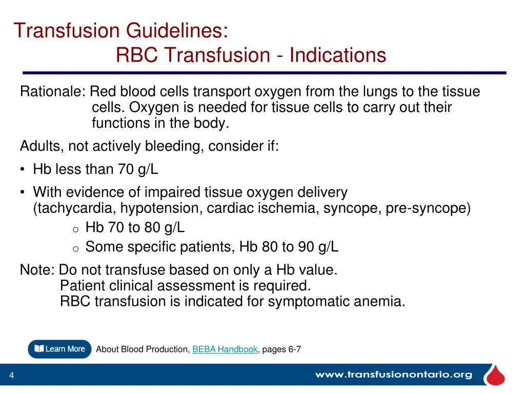 transfusion guidelines rbc transfusion indications