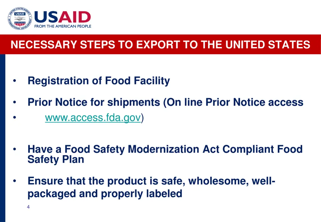 necessary steps to export to the united states