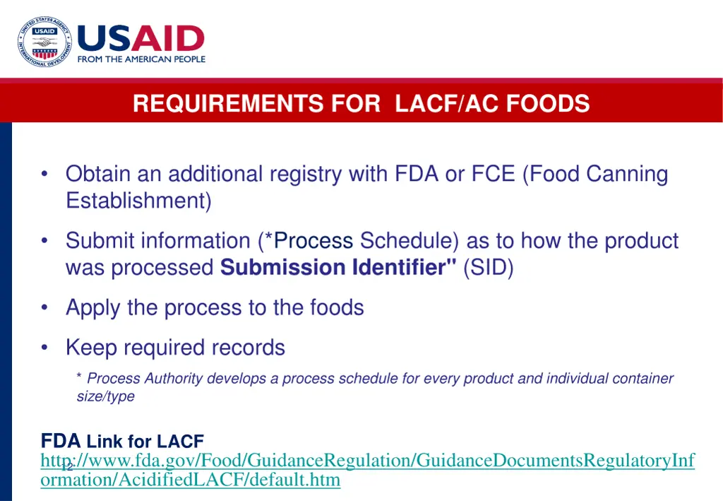 requirements for lacf ac foods