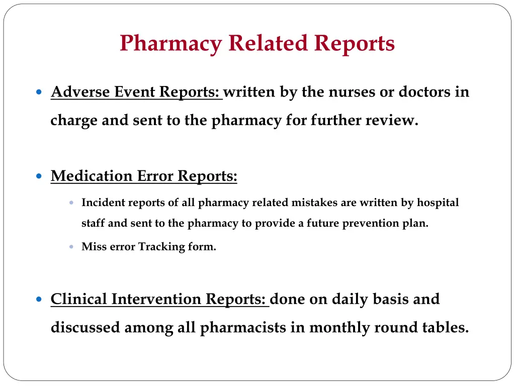 pharmacy related reports