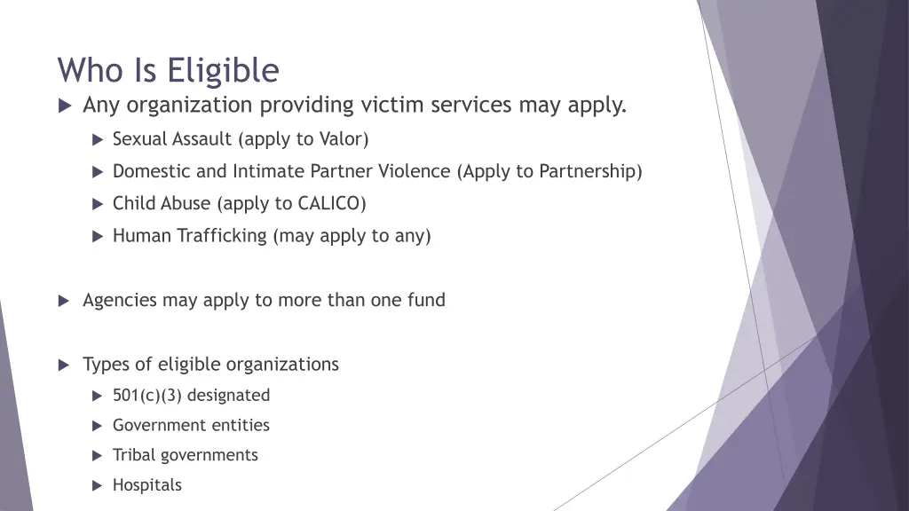 who is eligible any organization providing victim