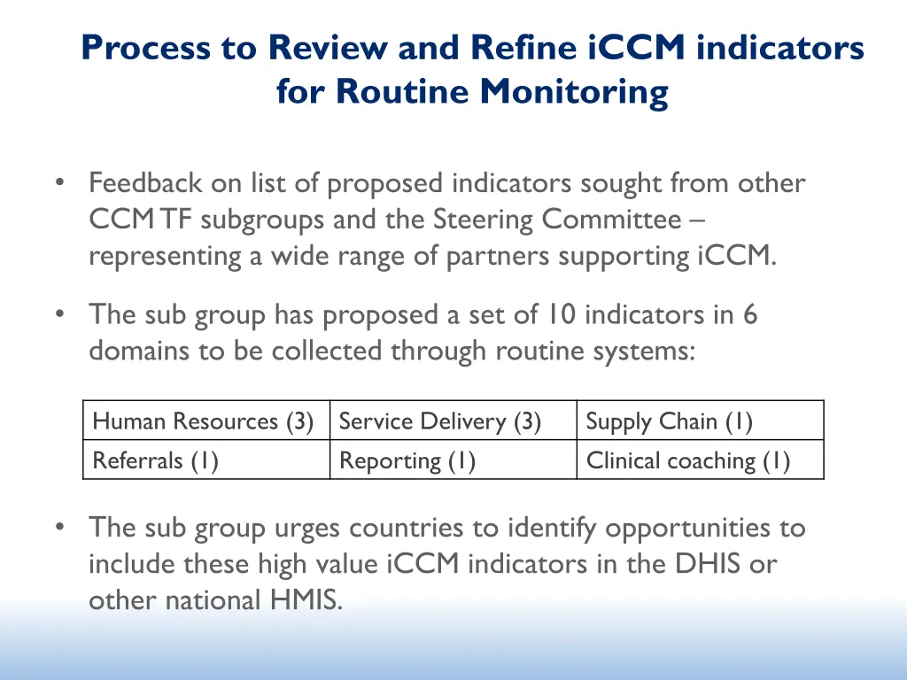 process to review and refine iccm indicators 1