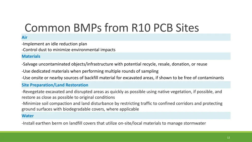 common bmps from r10 pcb sites air implement