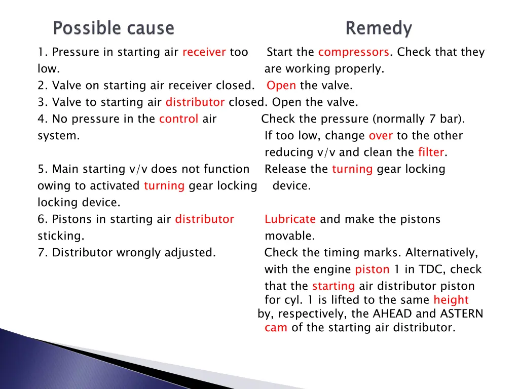 1 pressure in starting air receiver too start