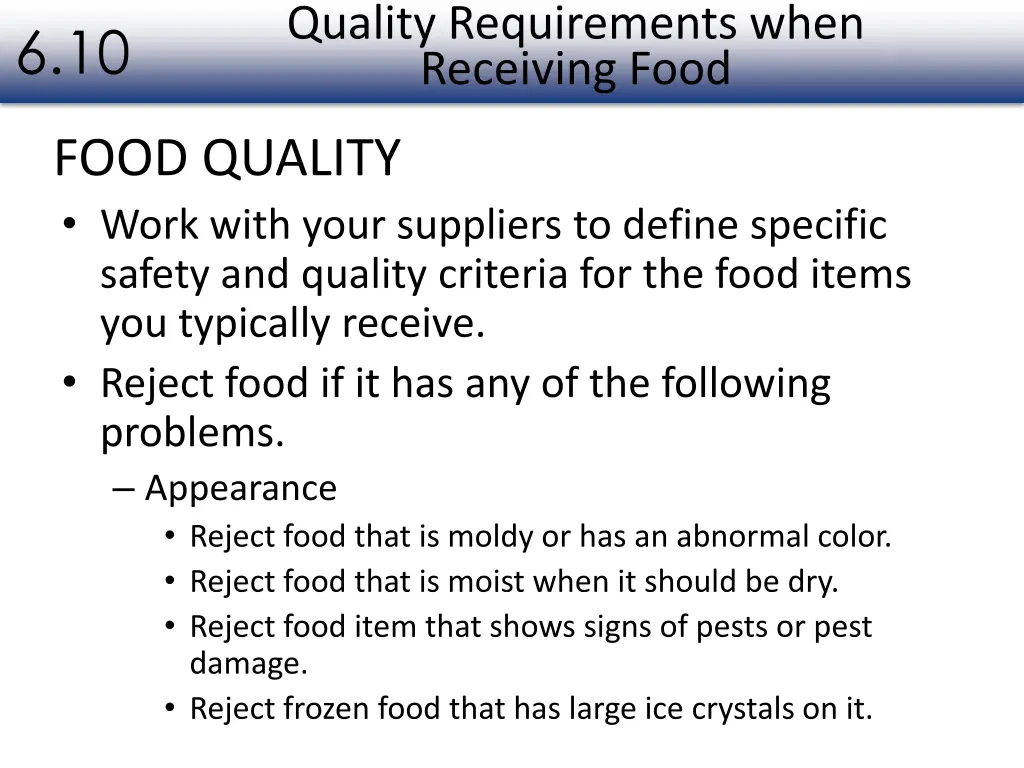 quality requirements when receiving food