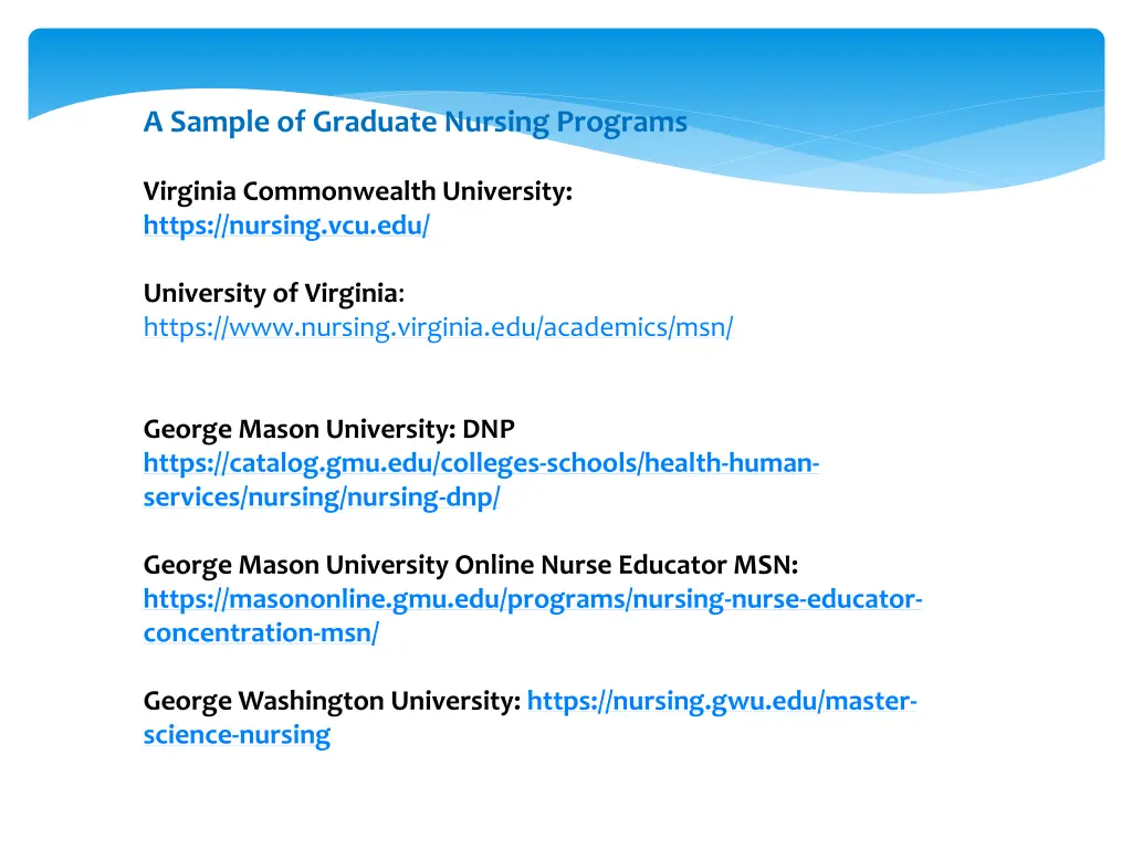 a sample of graduate nursing programs