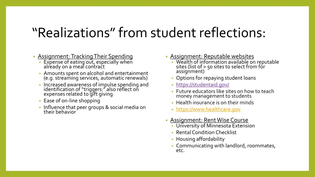 realizations from student reflections