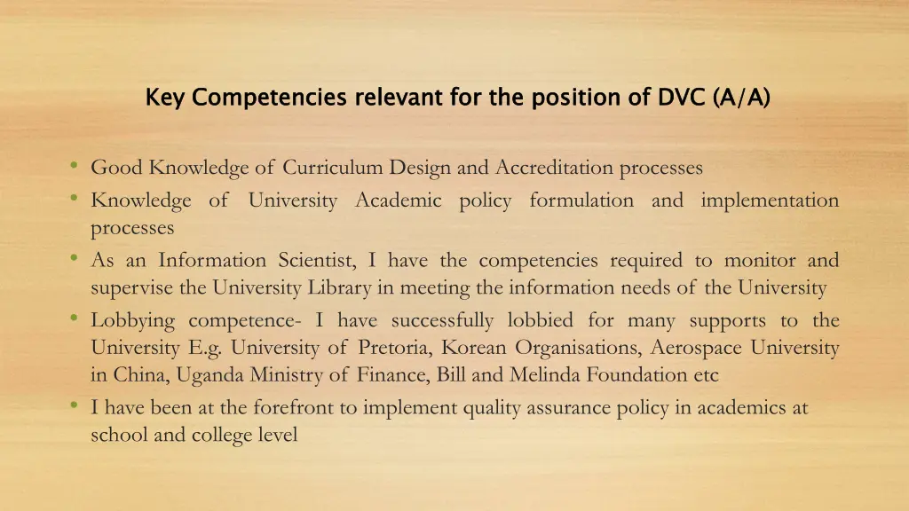 key competencies relevant for the position