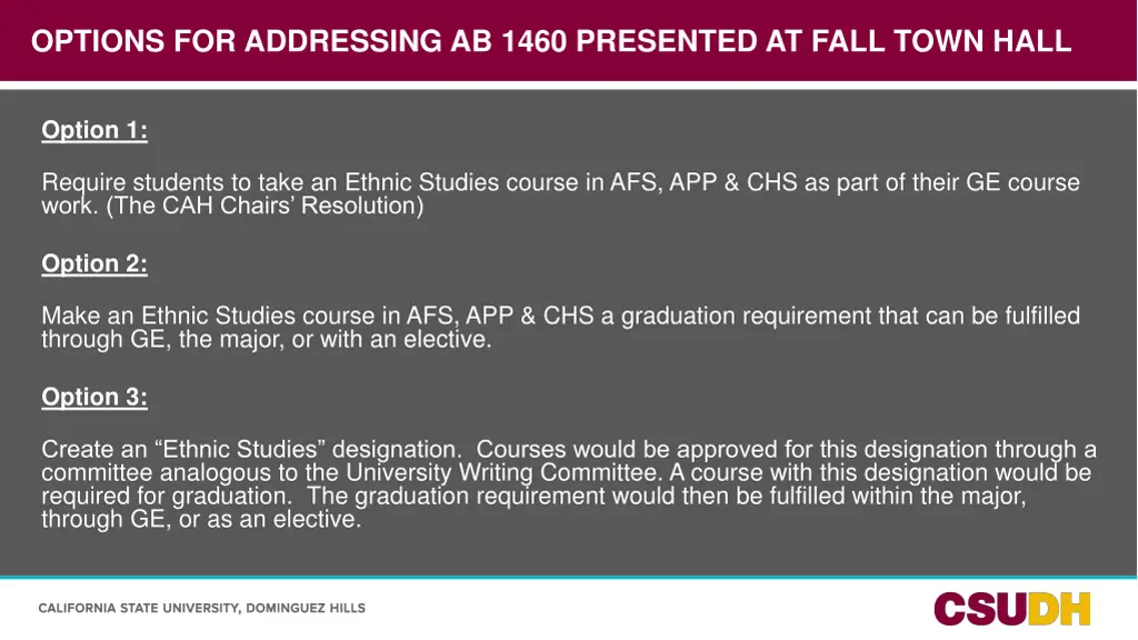 options for addressing ab 1460 presented at fall