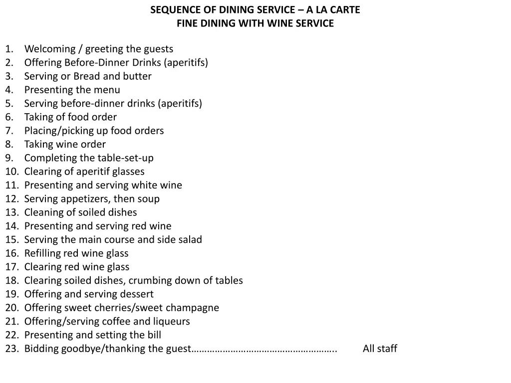 sequence of dining service a la carte fine dining