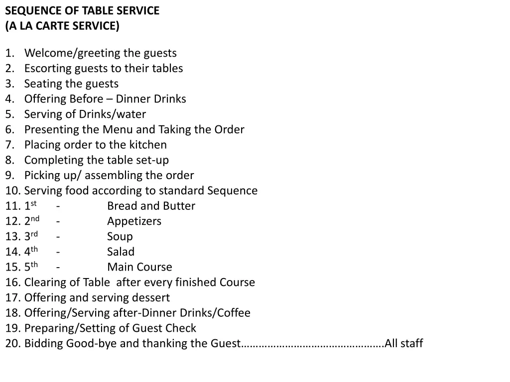 sequence of table service a la carte service