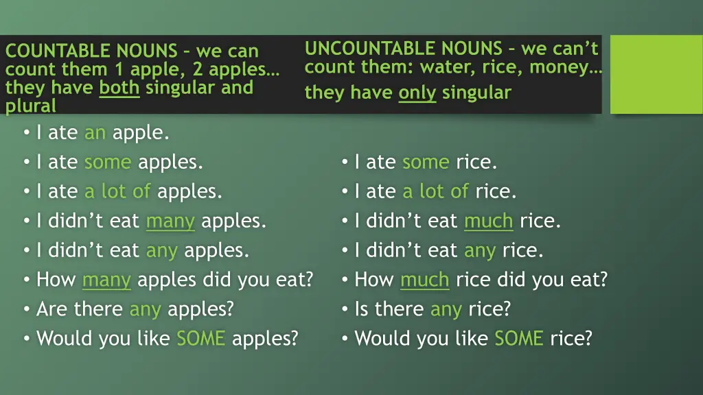 uncountable nouns we can t count them water rice