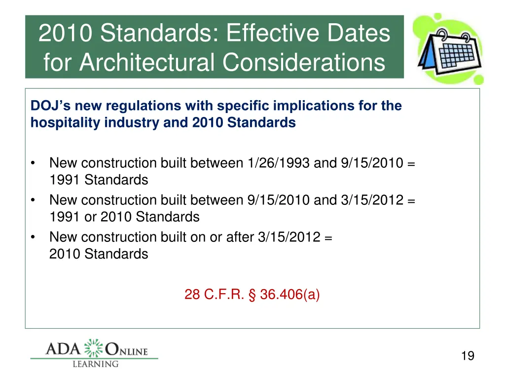 2010 standards effective dates for architectural